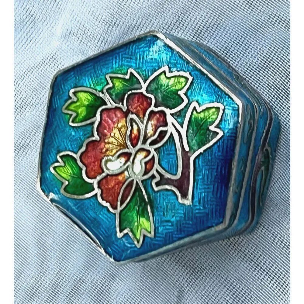 Cloisonné Blue Hexagon Pill Box Trinket Enamel Flower Gold Tone Hinge Vintage 1"